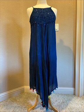 Blue Embellished Maxi Dress with Tassel Hem size S
